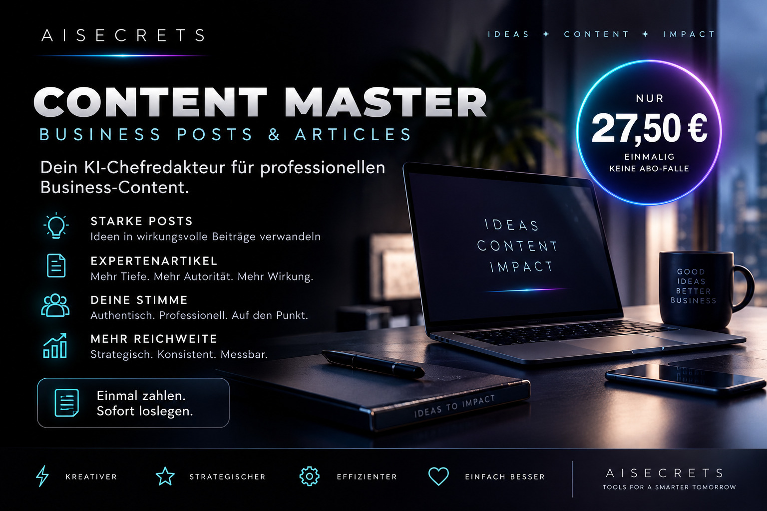 AISECRETS CONTENT MASTER – LinkedIn Content Tool für Business Posts und Expertenartikel